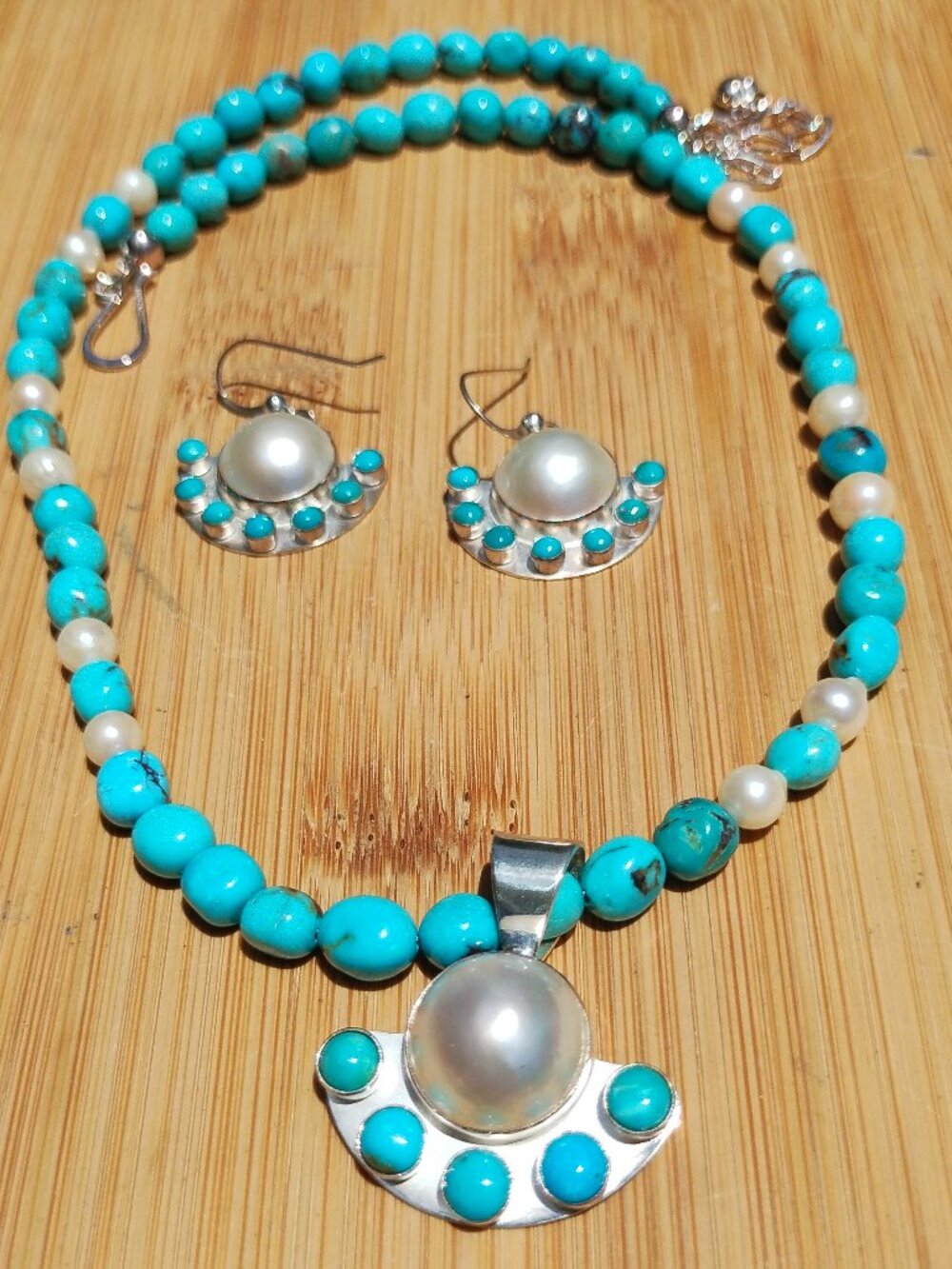 Jay King DTR Turquoise Mabe pearl necklace pendant earrings 925 Sterling Silver